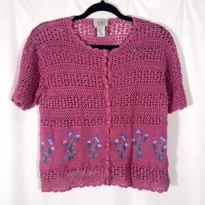 Vintage Teddi Pink Crochet Short Sleeve Cardigan
